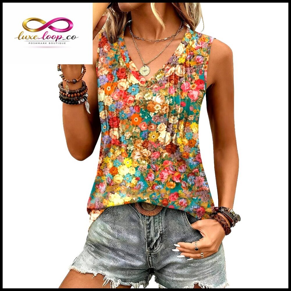 Loose Fit V-Neck Tank Top Pleated Front Tunic Length Summer Blouse